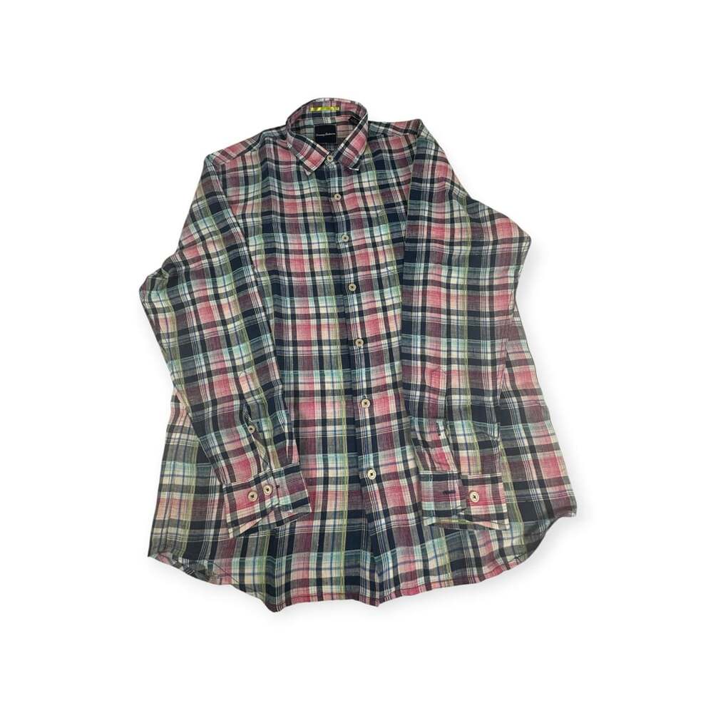 Tommy Bahama Mens Large 100% Linen Polynesian Plaid Long Sleeve Button Shirt L